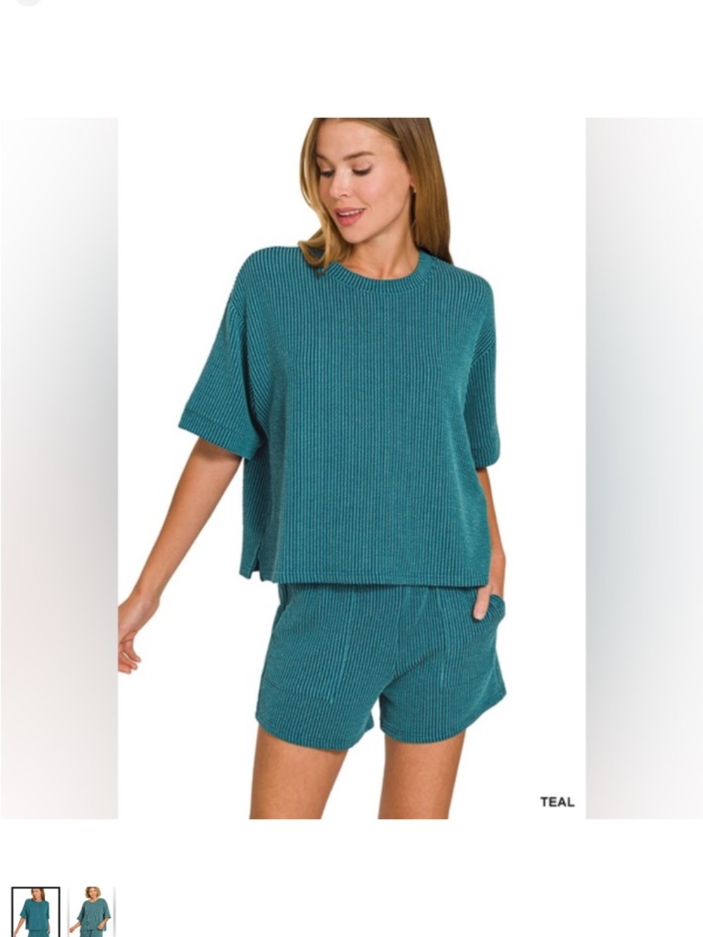 Zenana Relaxed Teal Ribbed Knit Short Set